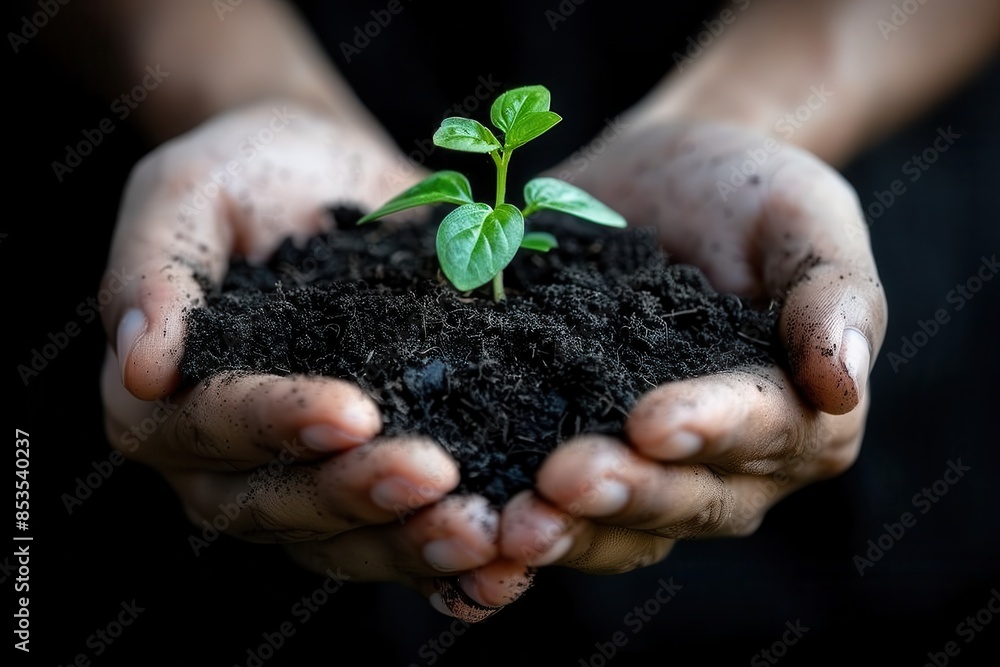 A close-up of hands holding rich, dark soil with a small seedling growing out of it. A close-up of hands holding rich, dark soil with a small seedling growing out of it.