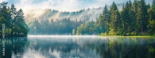 Panoramic view of the summer lake with pine trees.