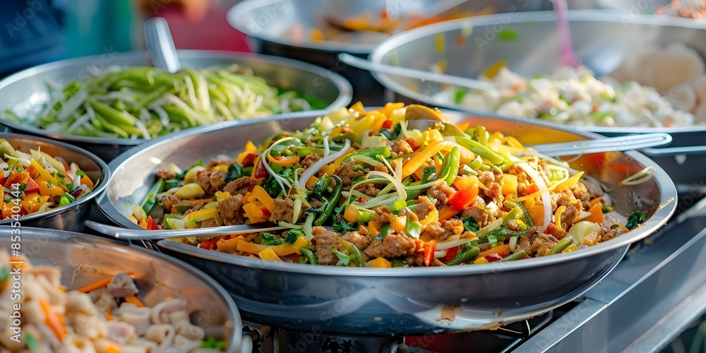 Colorful Sri Lankan street food kottu chopped roti veggies meat sti ...