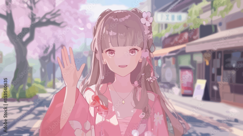 Anime Girl in Cherry Blossom Street Scene, Waving and Smiling Anime Girl in Cherry Blossom Street Scene, Waving and Smiling