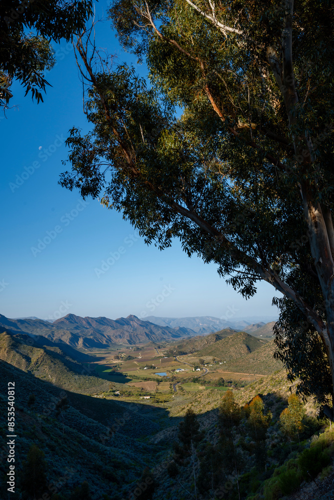 Obraz premium Magnificent view of the Keisie Valley from Burgers Pass (or Koo Pass) with views of the Langeberg the Waboomsberge. Near Montagu. Western Cape. South Africa