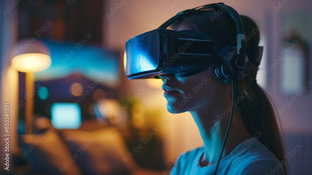 A person in a virtual reality headset working on a computer. Virtual Reality A person in a virtual reality headset working on a computer. Virtual Reality