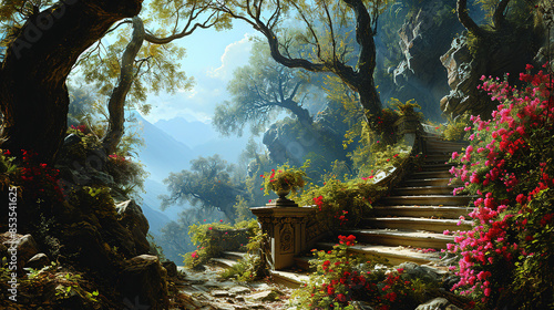 Beautiful Staircase or Stone Steps Of An Ancient Fortress In Forest Landscape Background photo