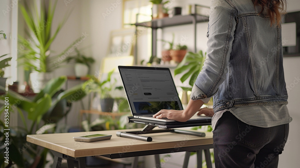 A person working on a laptop with a standing desk converter. Standing Desk A person working on a laptop with a standing desk converter. Standing Desk