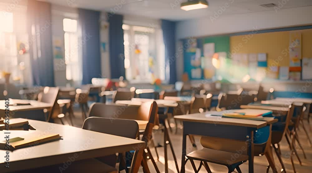 Back to school, in class, Bright classroom with colorful posters, sunlight streaming through large windows Back to school, in class, Bright classroom with colorful posters, sunlight streaming through large windows