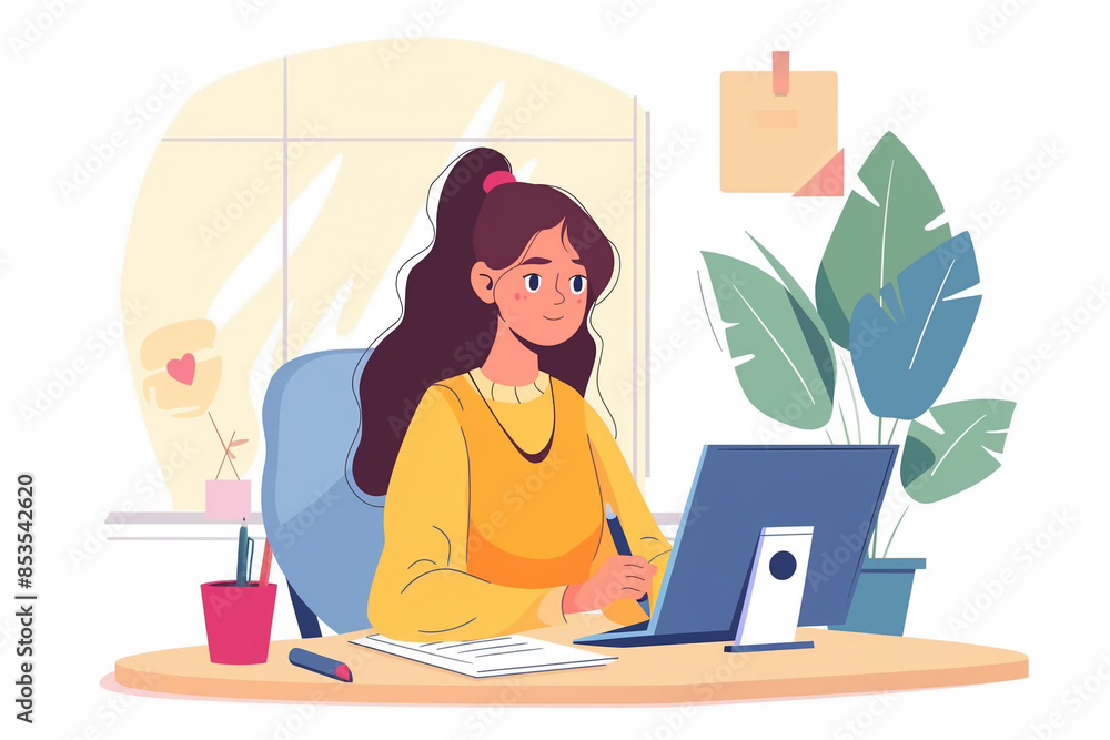 A woman taking notes during a virtual meeting. Woman Notes A woman taking notes during a virtual meeting. Woman Notes