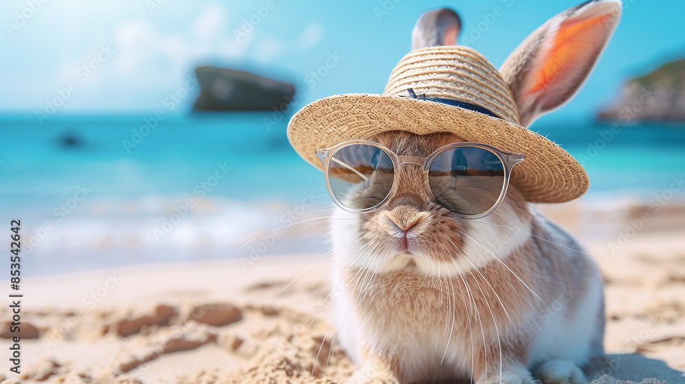 Fototapeta premium summer feeling - rabbit with sun hat and glasses on a beautiful sandy beach with the sea in the background