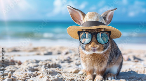 summer feeling - rabbit with sun hat and glasses on a beautiful sandy beach with the sea in the background