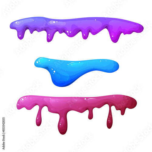 Splat slime mucus. Sticky liquid goo spots and blobs. Colorful jelly cartoon snot and smudges. Vector illustration isolated on white background