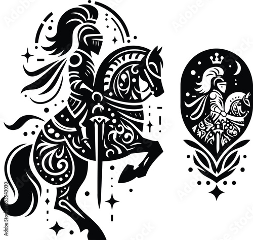 knight crusaders in silhouete with bohemian nature pattern illustration