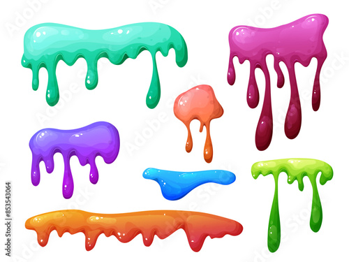 Splat slime mucus collection . Sticky liquid goo spots and blobs. Colorful jelly cartoon snot and smudges. Vector illustration isolated on white background