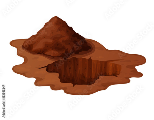 Deep hole in the ground with grass and stones. Brown soil, large cracks and ruins. Digging of sand coal waste rock. Detailed drawing in cartoon style. Vector illustration isolated on white background