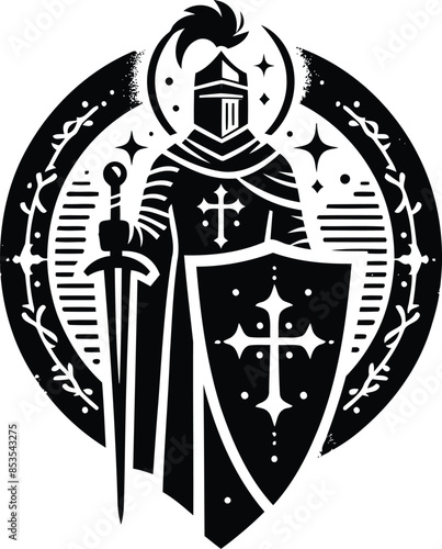 knight crusaders in silhouete with bohemian nature pattern illustration