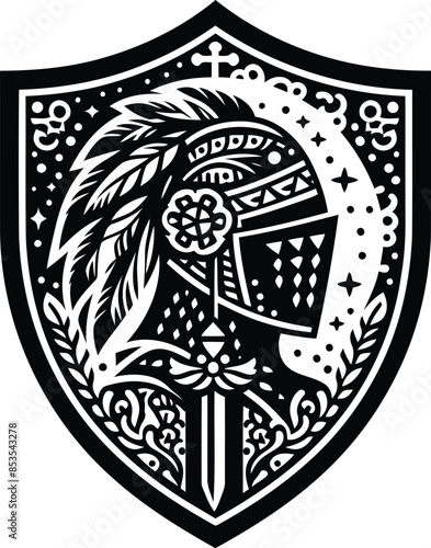 knight crusaders in silhouete with bohemian nature pattern illustration