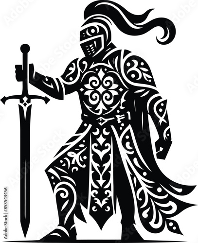 knight crusaders in silhouete with bohemian nature pattern illustration