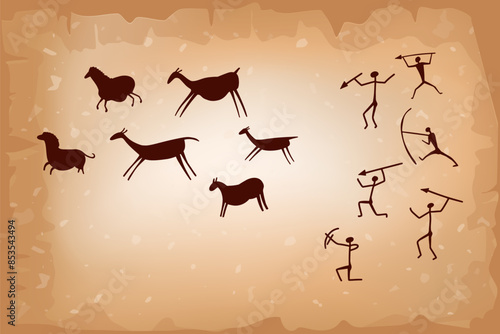 Cave silhouettes of early humans, accompanied by horses, deer, and bulls, captured in the style of ancient rock paintings. Prehistoric drawing on walls, ancient symbols in vector illustration