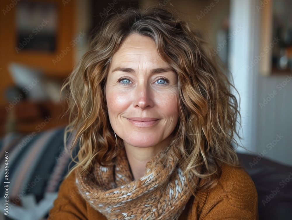 A kind 50 year old chubby European and American with light brown, curly hair and blue eyes woman smiles A kind 50 year old chubby European and American with light brown, curly hair and blue eyes woman smiles