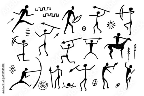 Cave silhouettes of early humans, accompanied by horses, deer, and bulls, captured in the style of ancient rock paintings. Prehistoric drawing on walls, ancient symbols in vector illustration
