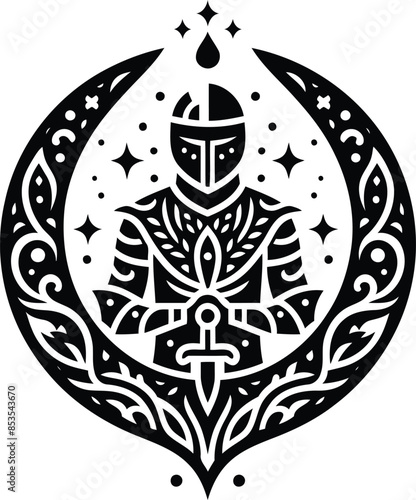 knight crusaders in silhouete with bohemian nature pattern illustration