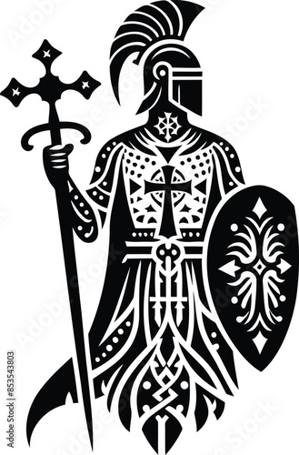 knight crusaders in silhouete with bohemian nature pattern illustration