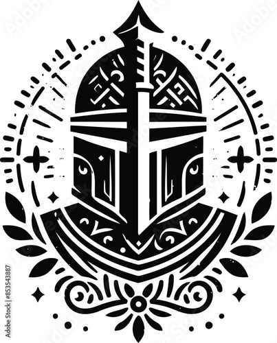 knight crusaders in silhouete with bohemian nature pattern illustration