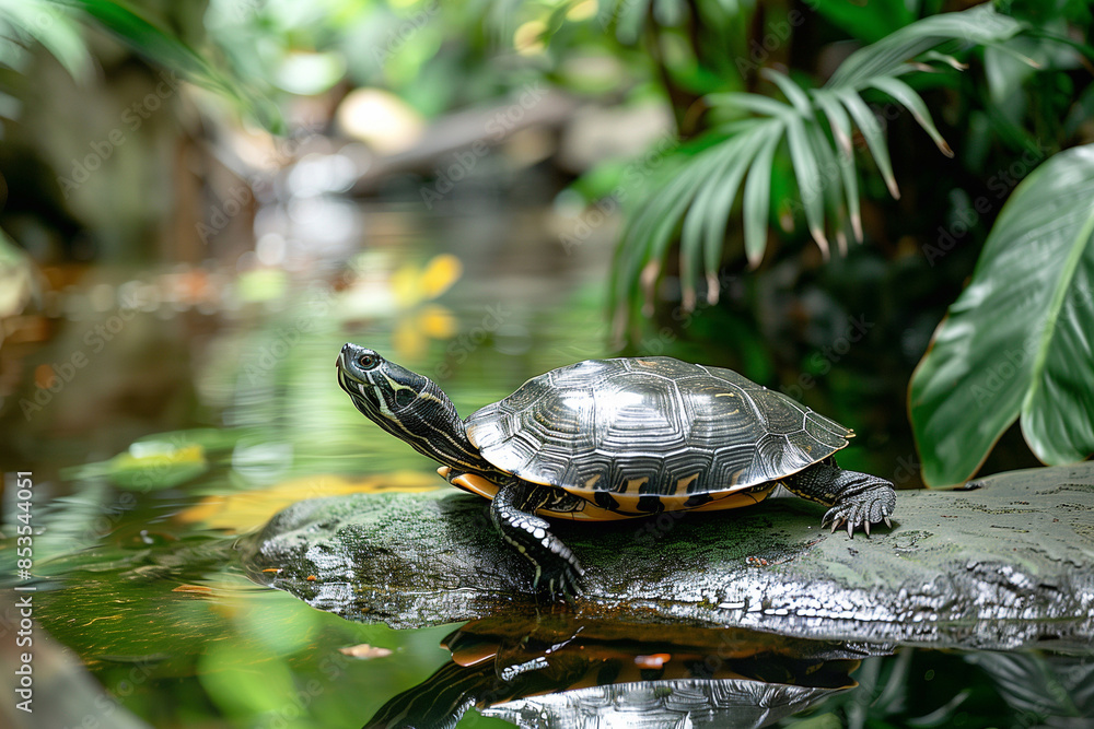 Obraz premium A small turtle sits on a rock near the water in park.