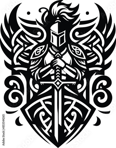 knight crusaders in silhouete with celtic knot pattern illustration