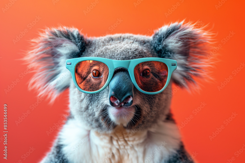 Front view portrait of cute gray koala wearing sunglasses on an orange background. Front view portrait of cute gray koala wearing sunglasses on an orange background.