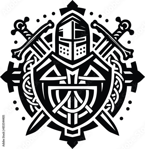 knight crusaders in silhouete with celtic knot pattern illustration