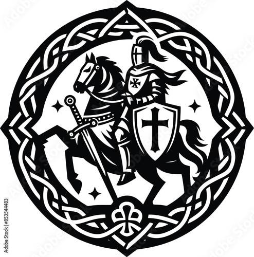 knight crusaders in silhouete with celtic knot pattern illustration
