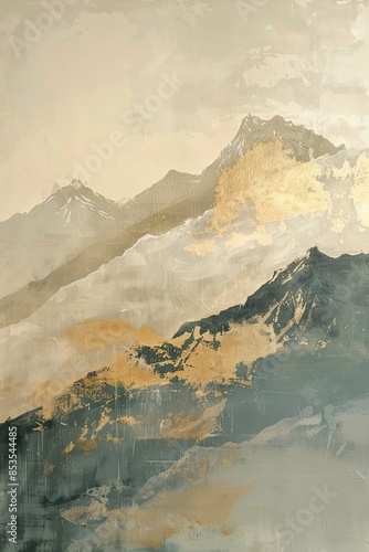 mountains are light, grey and metallic, in the style of enigmatic tropics, dark sky-blue and light beige, oku art, golden palette, flat yet expressive,  photo