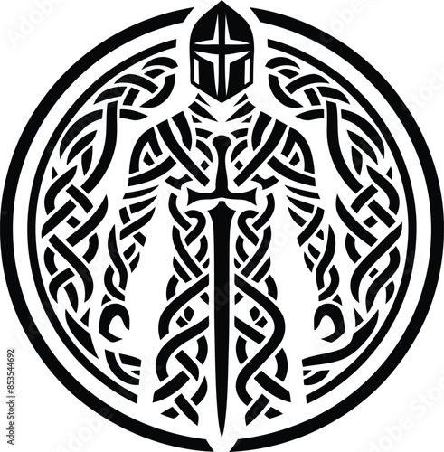 knight crusaders in silhouete with celtic knot pattern illustration