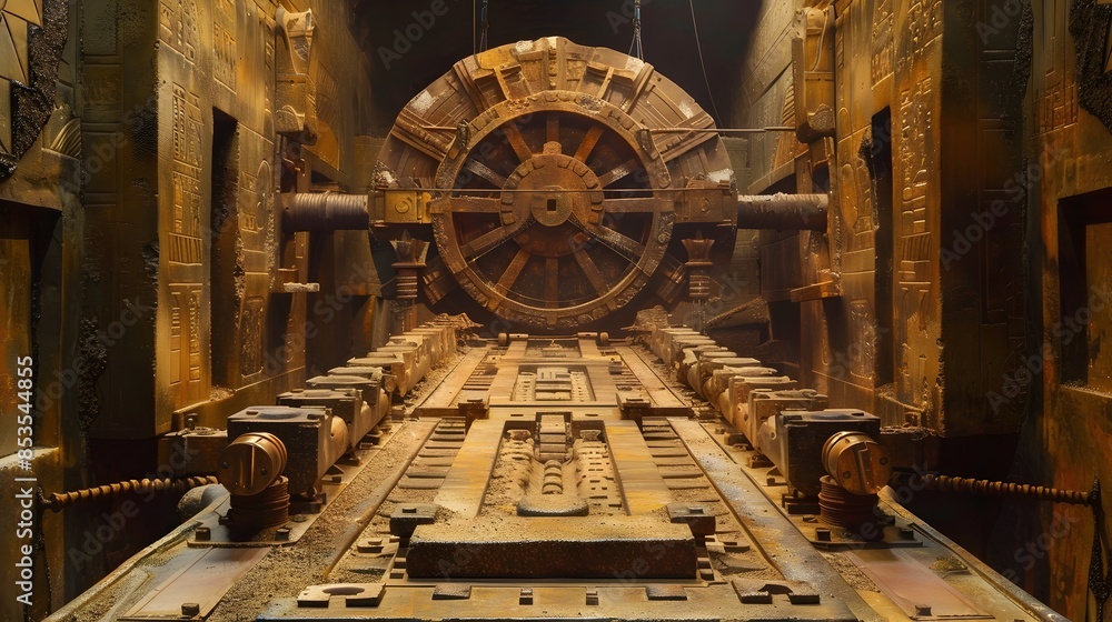 Fototapeta premium Advanced Ancient Machinery Discovered in an Abandoned Temple Interior