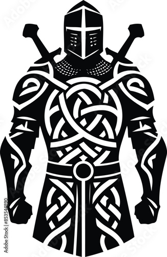 knight crusaders in silhouete with celtic knot pattern illustration