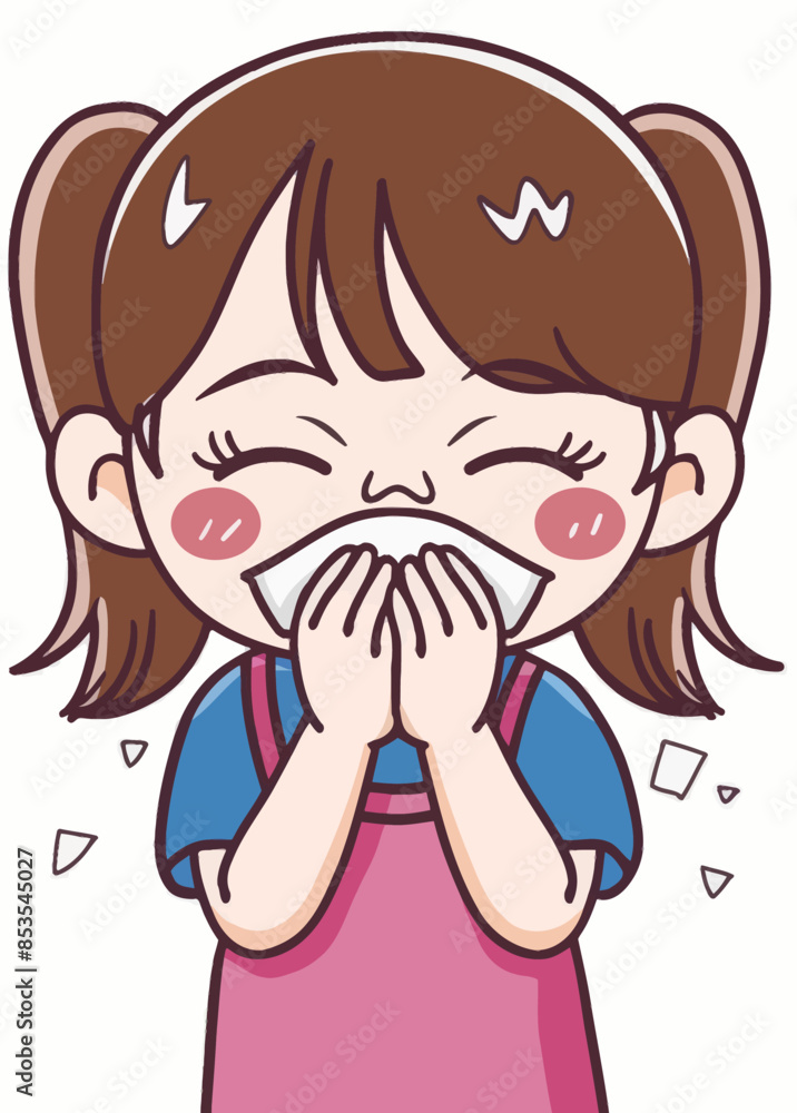 Stylized Cartoon Character with Ponytails, Smiling and Holding a Napkin to the Mouth Stylized Cartoon Character with Ponytails, Smiling and Holding a Napkin to the Mouth