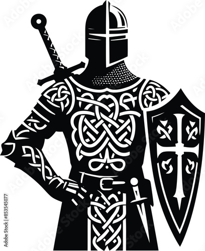 knight crusaders in silhouete with celtic knot pattern illustration