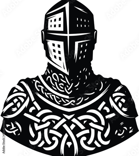 knight crusaders in silhouete with celtic knot pattern illustration
