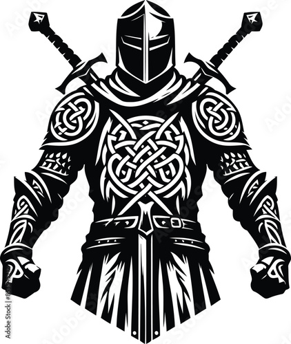 knight crusaders in silhouete with celtic knot pattern illustration