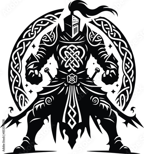 knight crusaders in silhouete with celtic knot pattern illustration