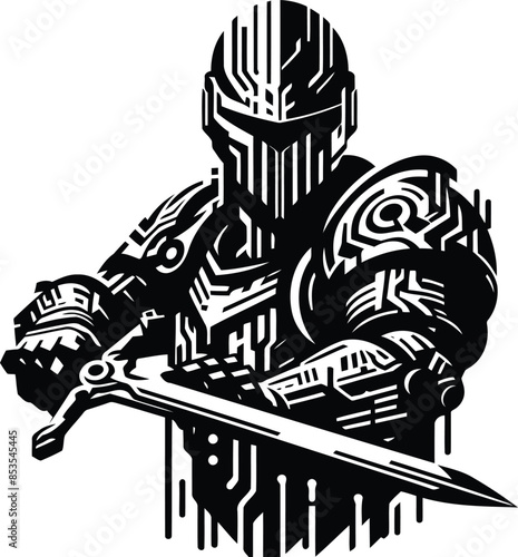 knight crusaders silhouete with cyberpunk pattern illustration