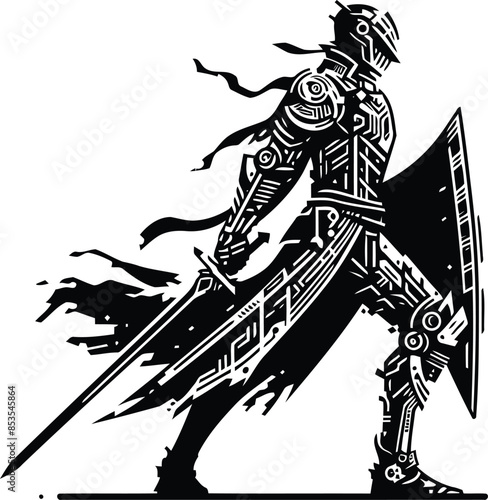 knight crusaders silhouete with cyberpunk pattern illustration