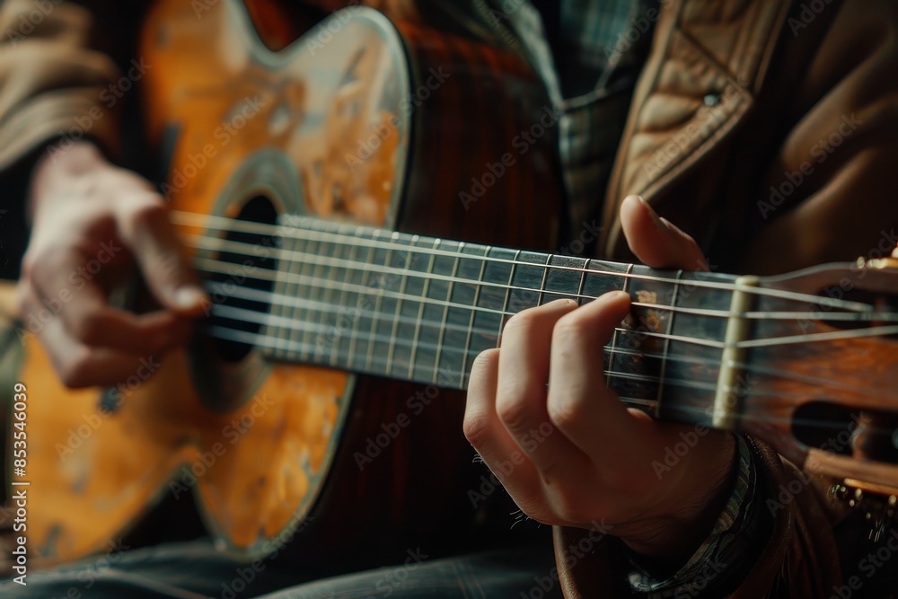 Close-Up of Hands Playing Acoustic Guitar with Detailed Wooden Design in Warm Lighting Close-Up of Hands Playing Acoustic Guitar with Detailed Wooden Design in Warm Lighting