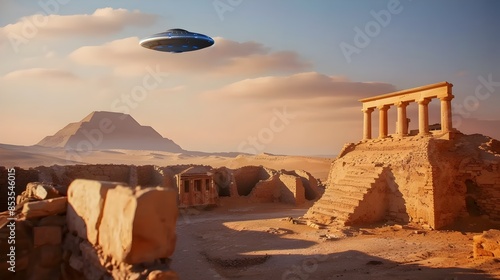 Ancient Ruins with Mysterious Spacecraft in Dramatic Sky Timelapse