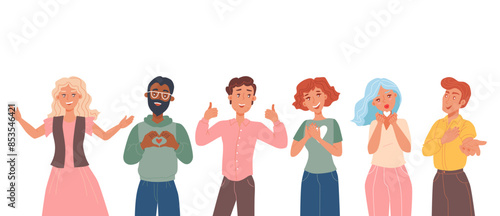 Sincere male and female characters. Multiracial grateful smiling people saying Thank you. Flat cartoon illustration. Vector. 