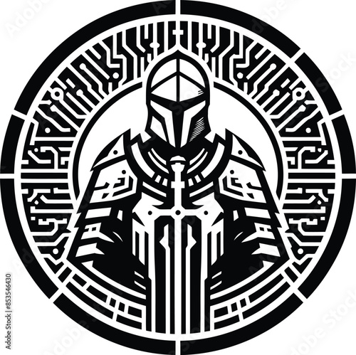 knight crusaders silhouete with cyberpunk pattern illustration