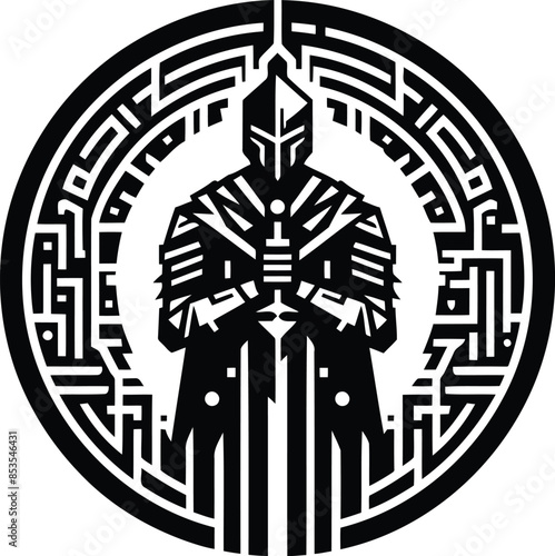 knight crusaders silhouete with cyberpunk pattern illustration