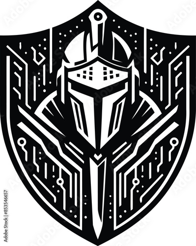 knight crusaders silhouete with cyberpunk pattern illustration