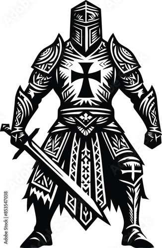  knight crusaders silhouete with Polynesian ethnic pattern illustration