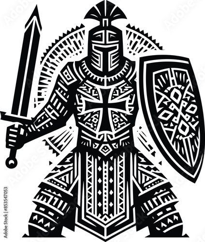  knight crusaders silhouete with Polynesian ethnic pattern illustration