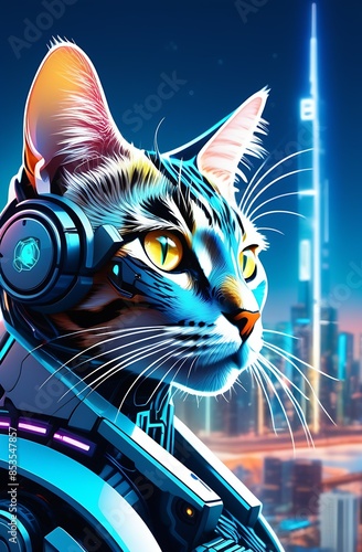 cyborg cat against the background of skyscrapers, robots, cyberpunk photo